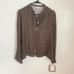 Vtg Karavan 100% Linen Brown Tunic Top M NWT Beaded Sleeve Trim Boho Lagenlook